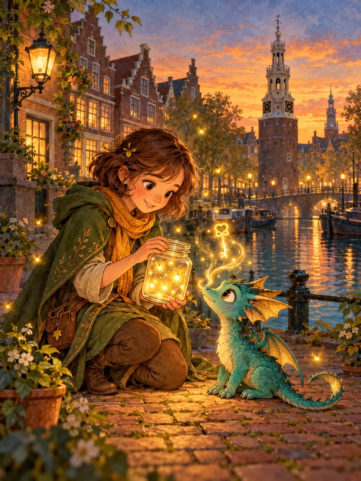 Linde knielt met een lichtjespot naast de kleine draak, die een gouden sleutel van licht blaast.